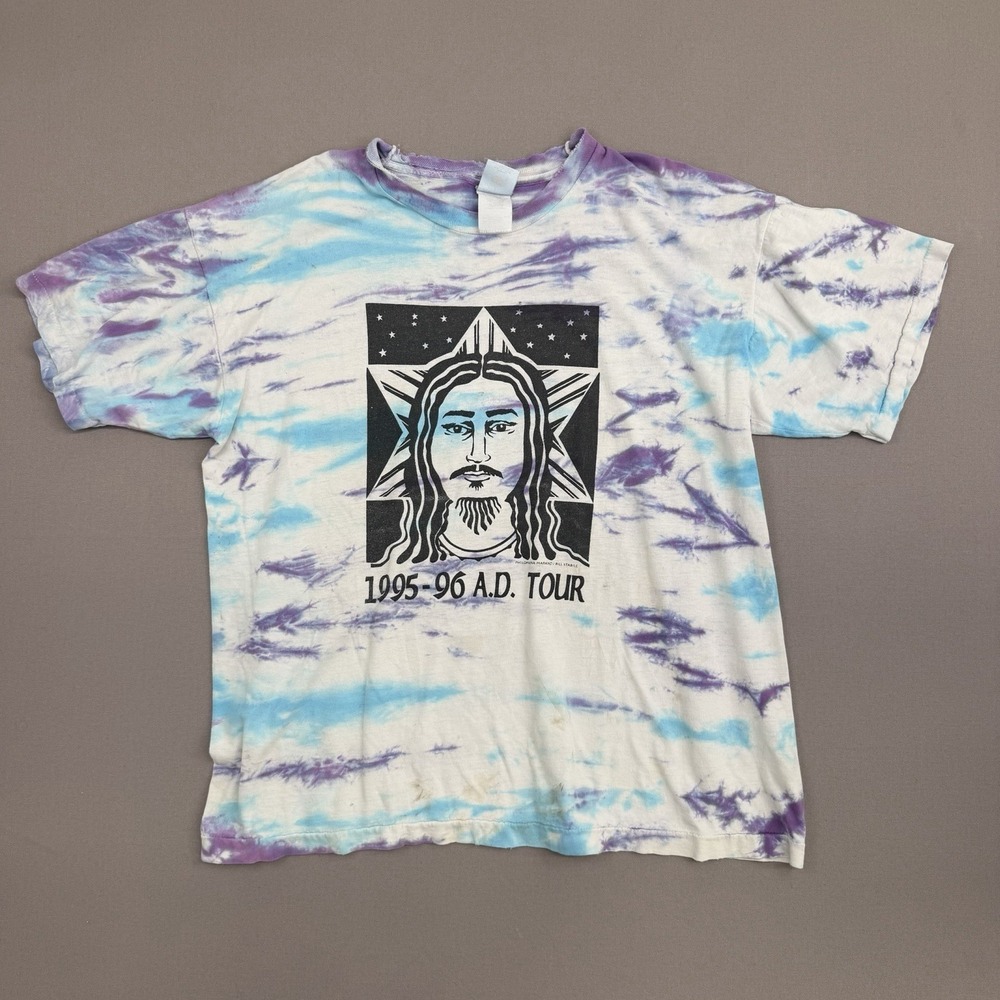 Vintage 1995-96 A.D. Tour Jesus T Shirt Tie Dye Fruit of the Loom Distressed L